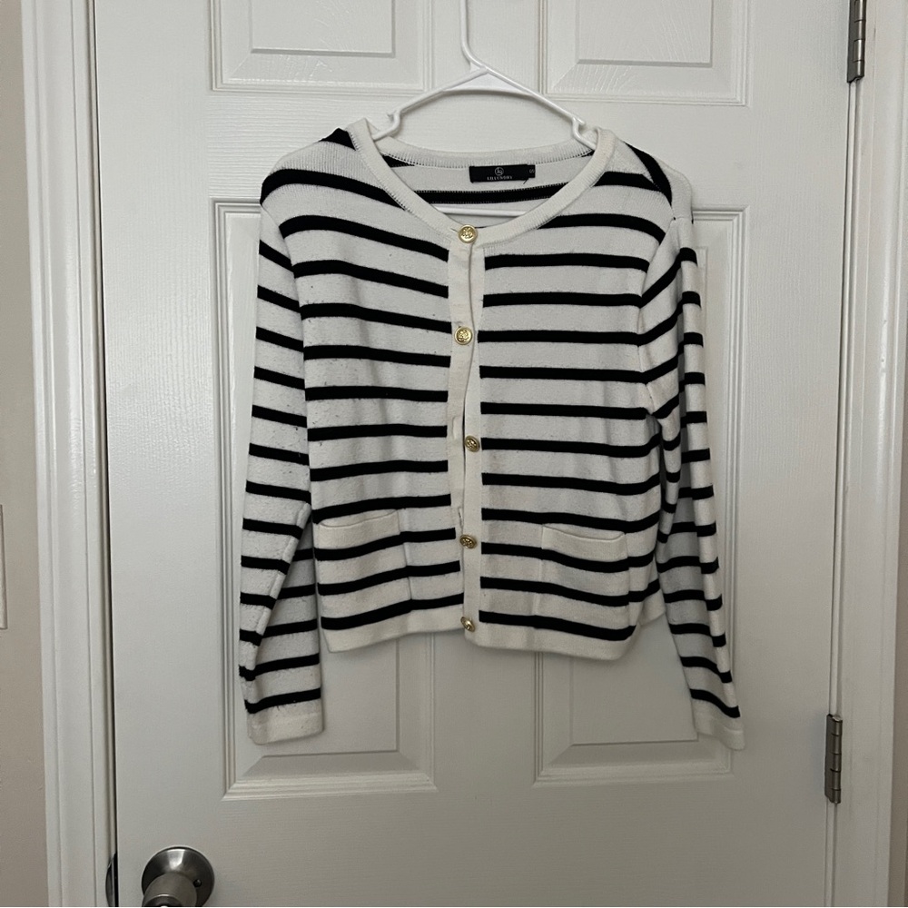 Striped Black and White Button-Up Cardigan Sweater